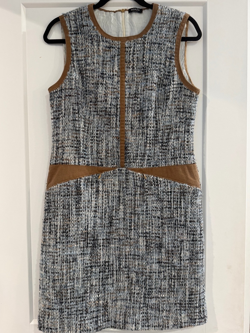Worth New York Sleeveless Tweed Shift Dress with Tan leather Trim
